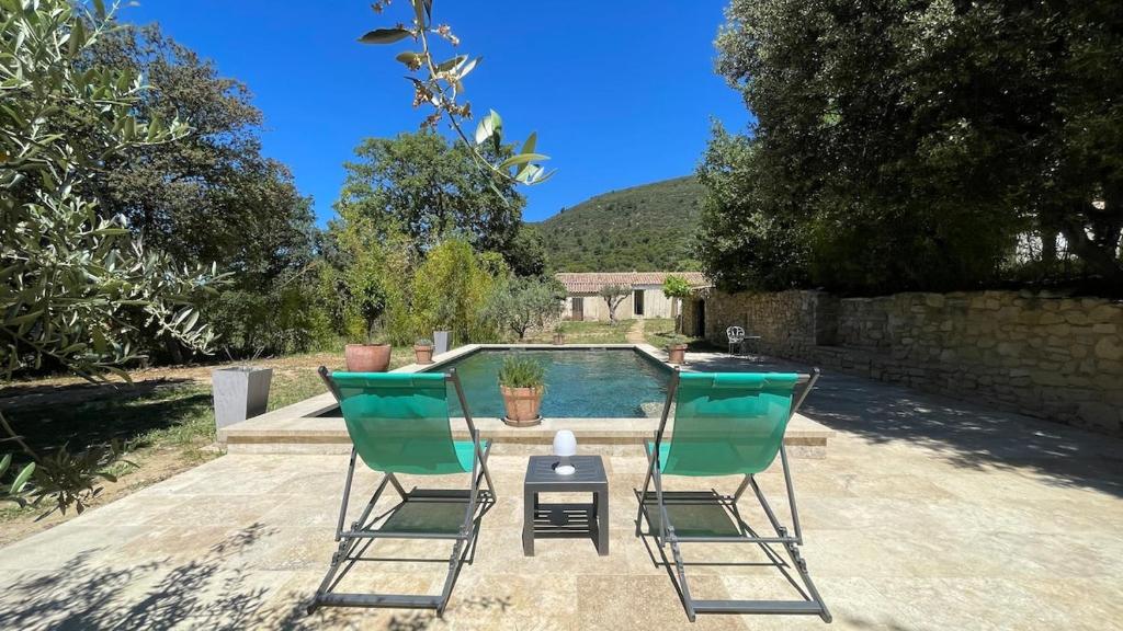 - deux chaises et une table en face d'une piscine dans l'établissement Maison au pied du Luberon avec Piscine Privée et Terrain de Boules, à Lourmarin