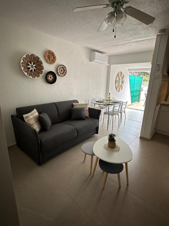 un salon avec un canapé et une table dans l'établissement Appartement grande motte, à La Grande Motte