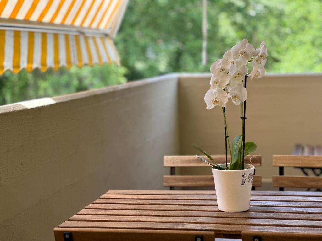 a vase of white flowers sitting on a wooden table at Mafiolina d'Amare in Marina di Massa