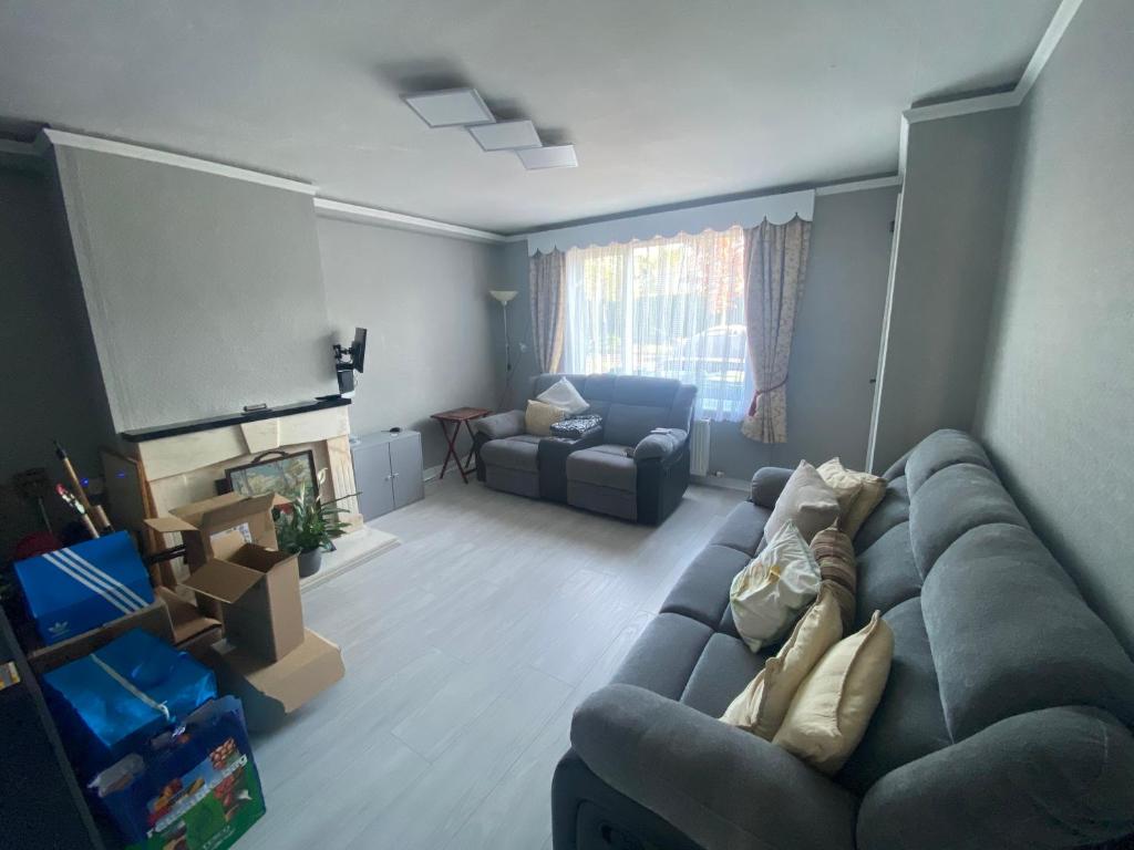 a living room with a couch and a chair at Private Room in Family Home in Dublin
