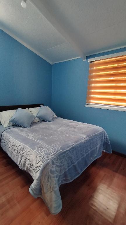 a bed in a blue bedroom with a window at Cabaña donde Chapalla in Queilén