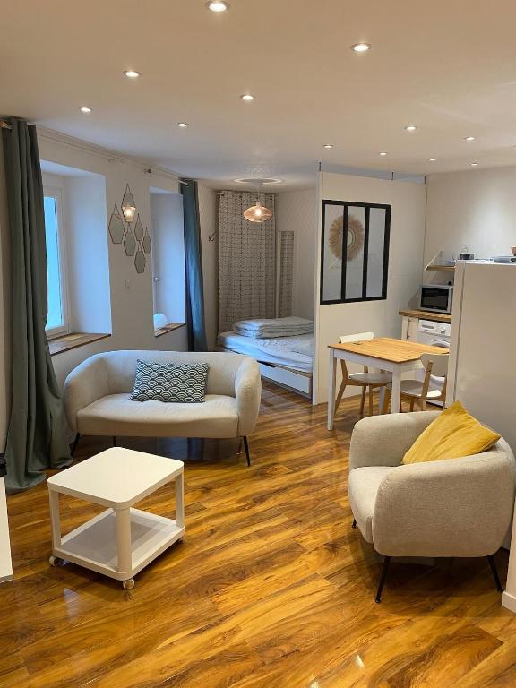 un salon avec deux canapés et une table dans l'établissement Studio Cosy, à Pélissanne