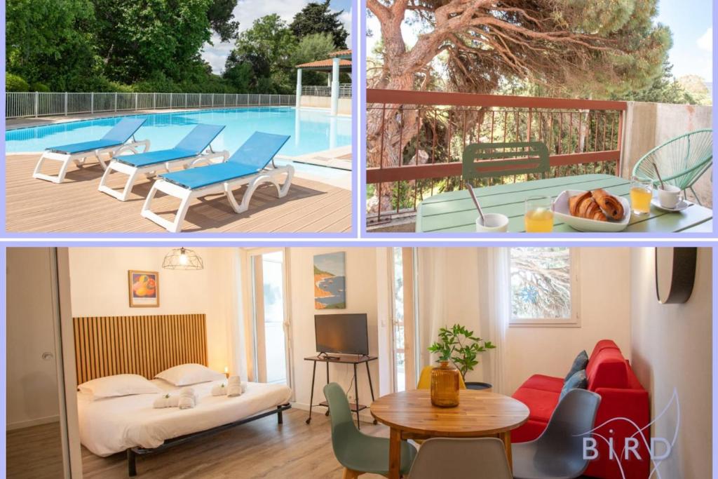 un collage de photos d'une maison avec une piscine dans l'établissement Lovely studio with golf course views close to the sea swimming pool park, à Mandelieu-la-Napoule