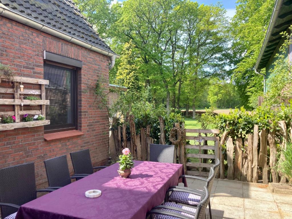 une table et des chaises violettes sur la terrasse dans l'établissement Fewo WILDGANS by fewo-plan WING140 Nähe Naturpark Wingst, à Armstorf
