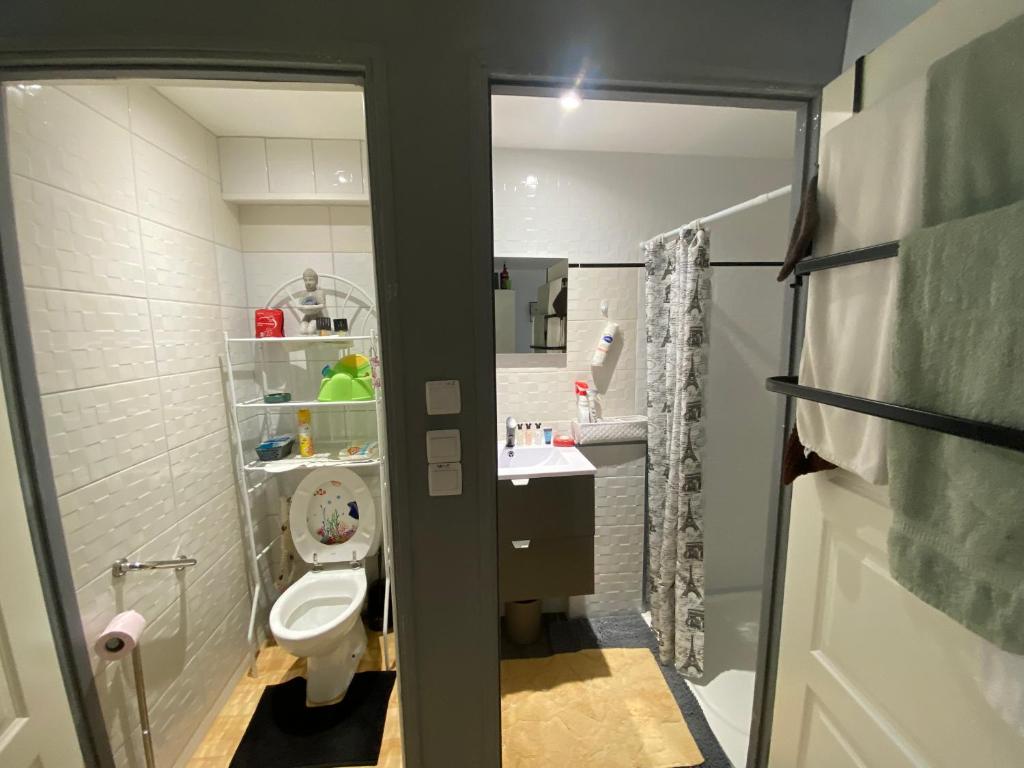 une petite salle de bain avec toilettes et lavabo dans l'établissement Gîte détente, à Brévonnes