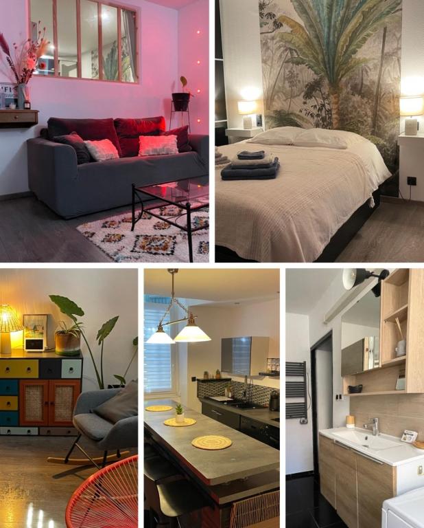 un collage de photos d'une chambre et d'un salon dans l'établissement Appart Idéalement situé et proche du théatre antique, à Orange