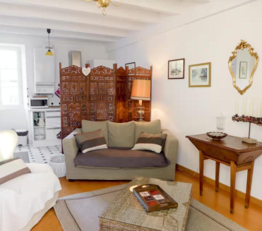 un salon avec un canapé et une table dans l'établissement Charming T3 with parking near the ocean, à Saint-Jean-de-Luz