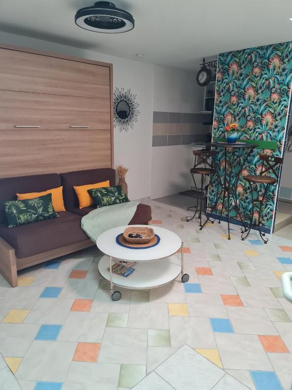 un salon avec un canapé et une table dans l'établissement La Tropicale, studio climatisé avec parking, Proche Cité médiévale, à Carcassonne