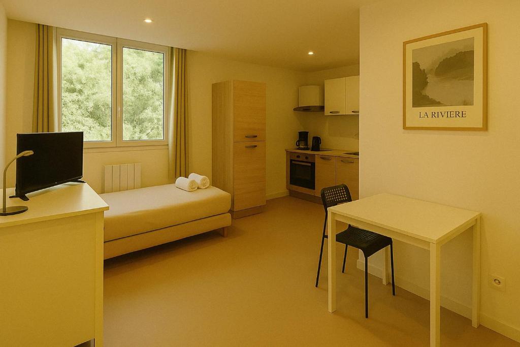 Cette petite chambre comprend un lit, un bureau et une cuisine. dans l'établissement Le Roule Cozy studio with charm and calm, à La Mulatière