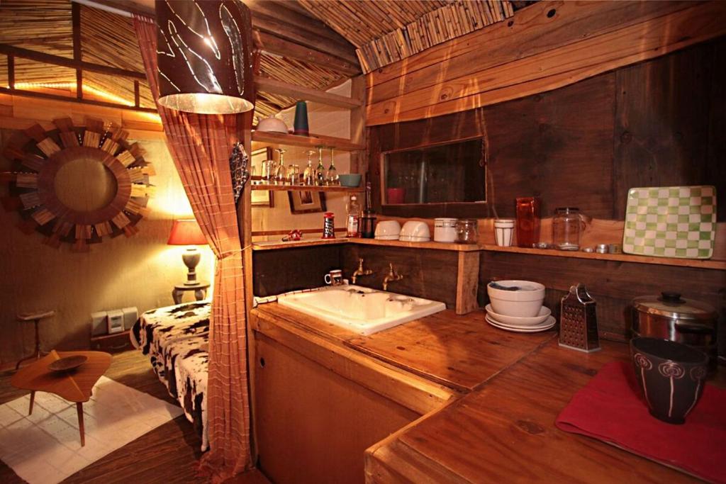 a bathroom with a sink in a wooden room at Wooden Cabin Barrydale in Barrydale
