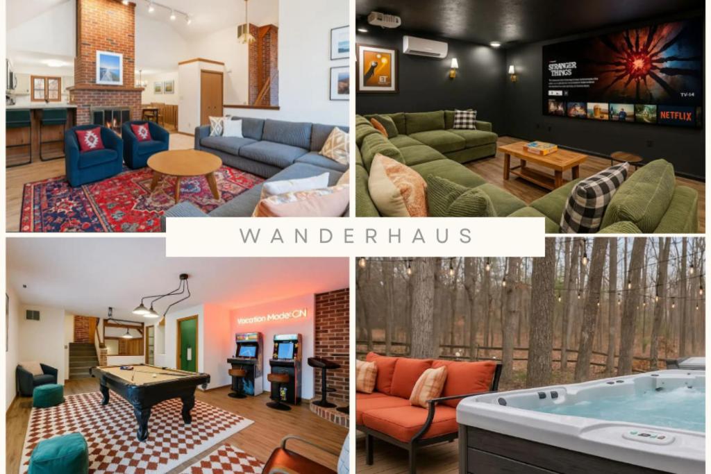 a collage of photos of a living room and a kitchen at Mountain Mojo Luxe Cabin Vibes in McGaheysville