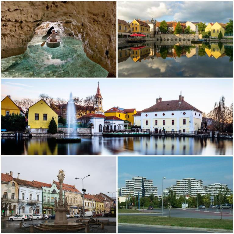 a collage of photos with buildings and a fountain at Ancsi-Lak Tapolca in Tapolca