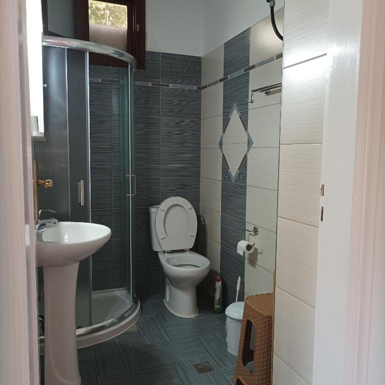 a bathroom with a toilet and a sink and a shower at Pedi Breeze in Symi