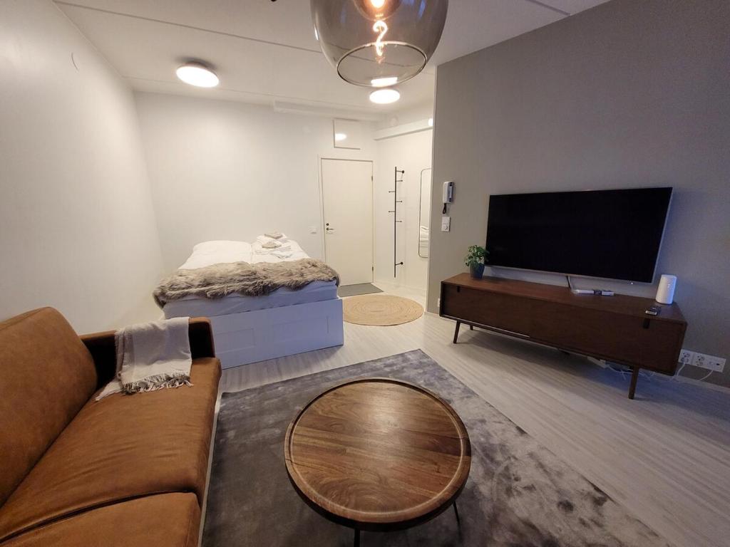 a living room with a couch and a flat screen tv at Studio from Downtown with Sauna in Kuusamo