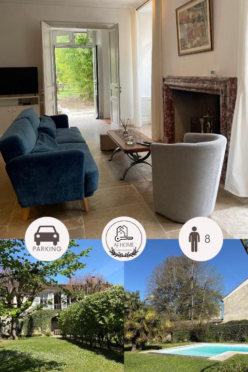 un salon avec un canapé bleu et une cheminée dans l'établissement 