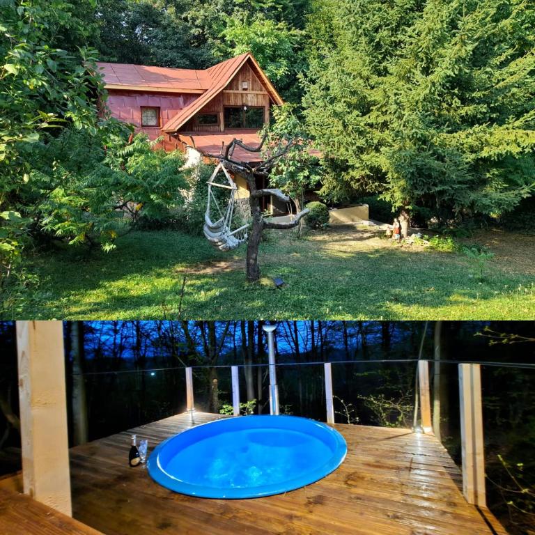 two images of a house with a pool and a tree at Cabana din Padurea Valeni in Vălenii de Munte