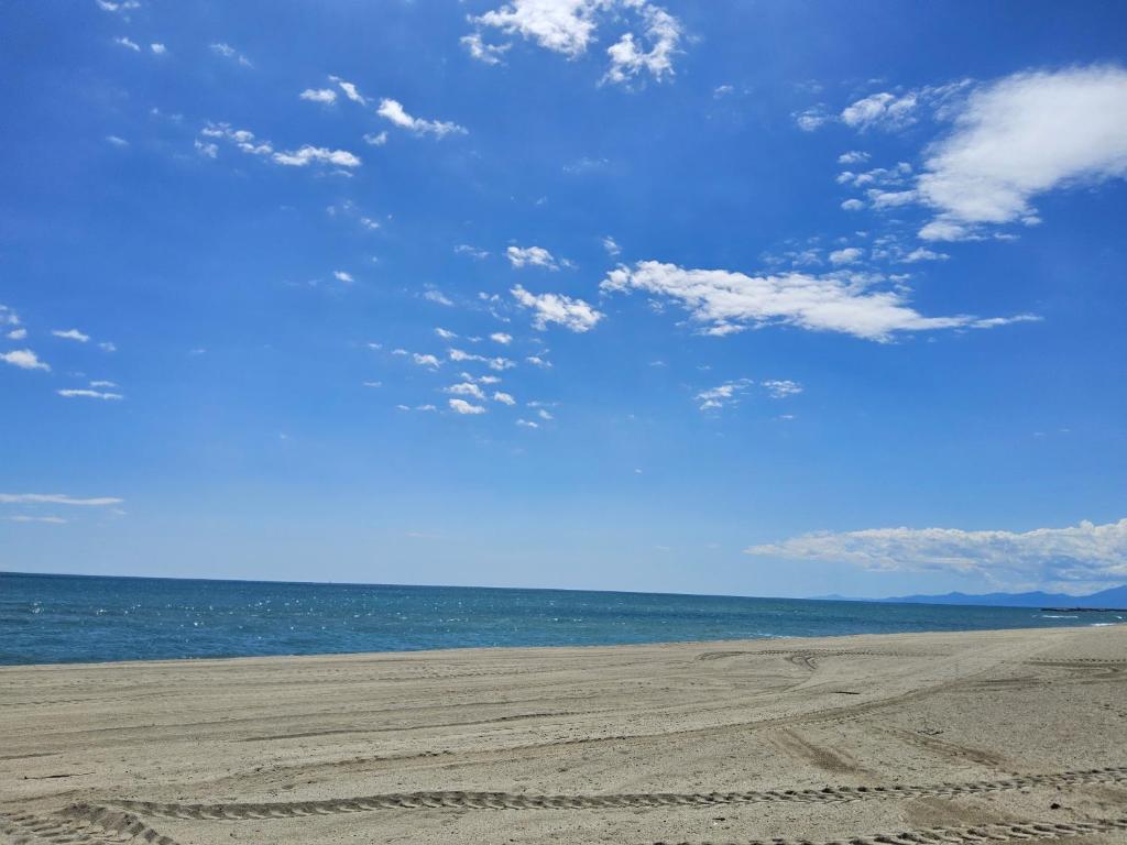 an empty beach with a blue sky and the ocean at l'Azur 4 Pers Clim Parking Accès plage direct in Le Barcarès
