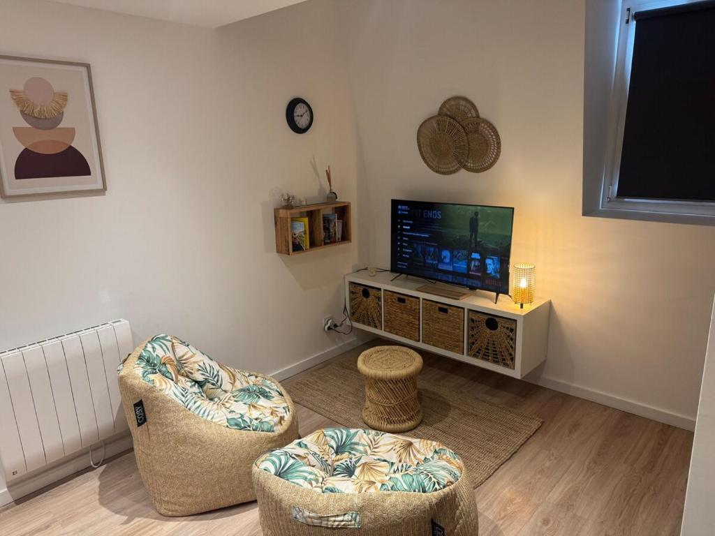 a living room with two chairs and a flat screen tv at La suite dorée in Roubaix