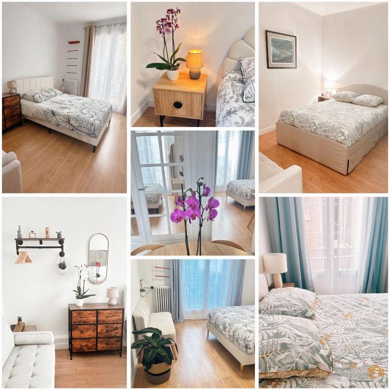 un collage de photos d'une chambre et d'une chambre d'hôtel dans l'établissement Grand appartement, 300m des transports en commun, à Fontenay-sous-Bois