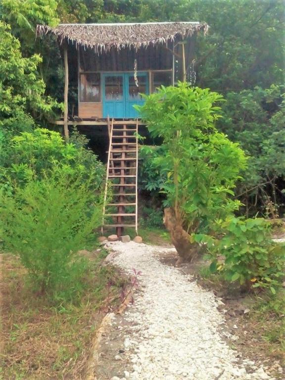 a small house with a ladder in a forest at Sumatra Ecolodge in Sungaipisang