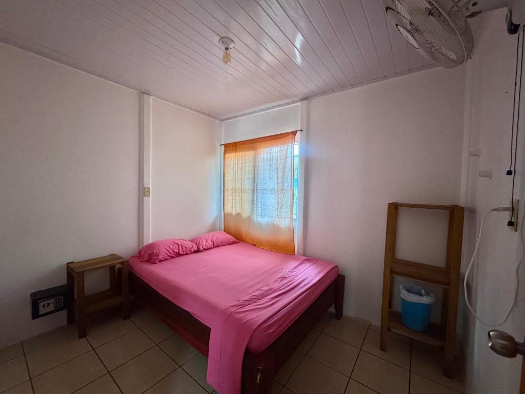 una piccola camera con letto rosa e finestra di Kalunay Hostel a Puerto Viejo
