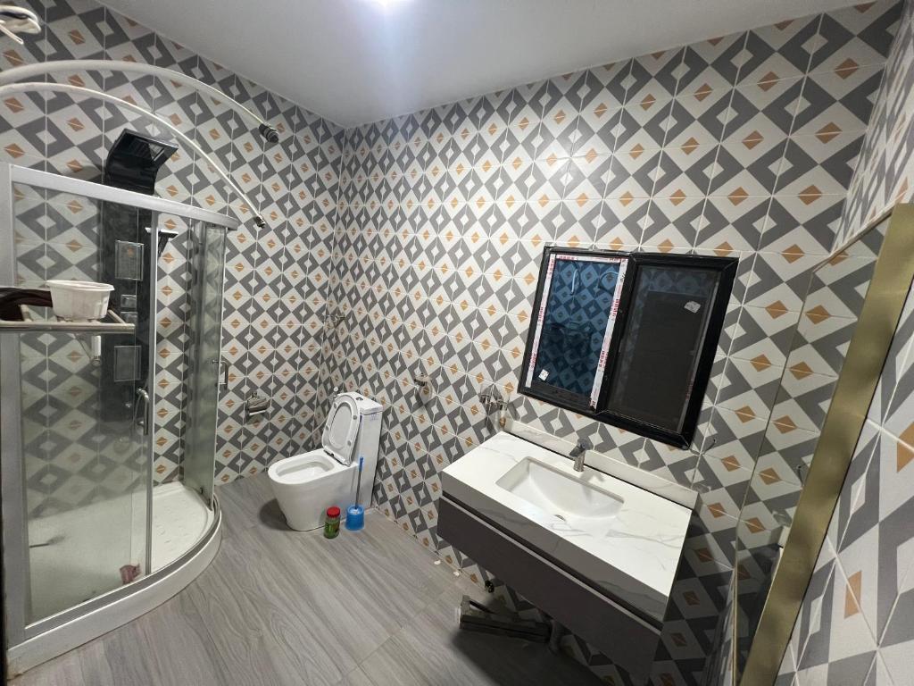 a bathroom with a sink and a shower and a toilet at Minteh in Elephant Island