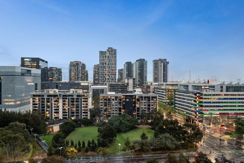 a view of a city with tall buildings at 2Br2B1Ba Spacious apt with free parking Docklands in Melbourne