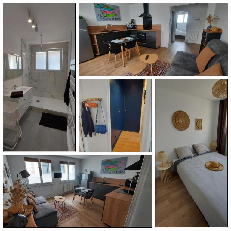 un collage de quatre photos d'une pièce dans l'établissement Du bonheur à la clé - T2 hyper centre, à Concarneau