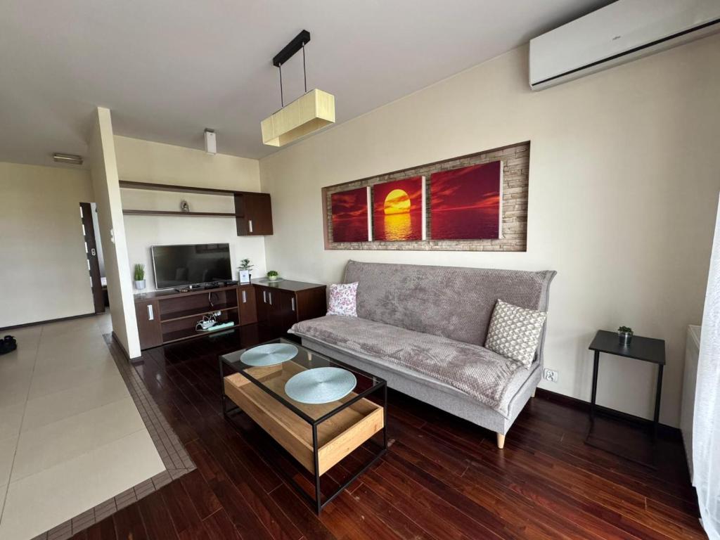 a living room with a couch and a table at Apartment SANRiSe in Białystok