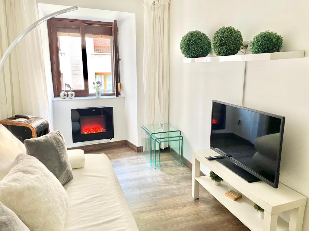 a living room with a tv and a fireplace at La Casina de Cudillero in Cudillero