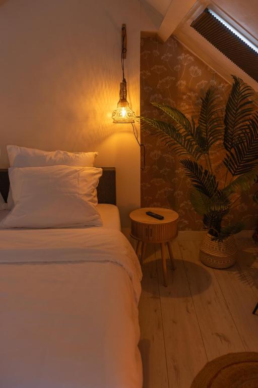 a bedroom with a bed and a table with a plant at Huis Delfshaven in Middelburg