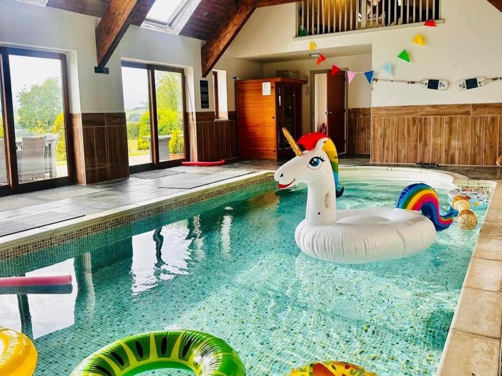 een zwembad met een eenhoorn in een huis bij Bedw Barn in Newtown