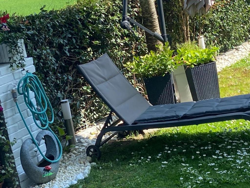 a chair sitting in the grass next to two plants at Appartamento Giardino in Palazzo San Lazzaro