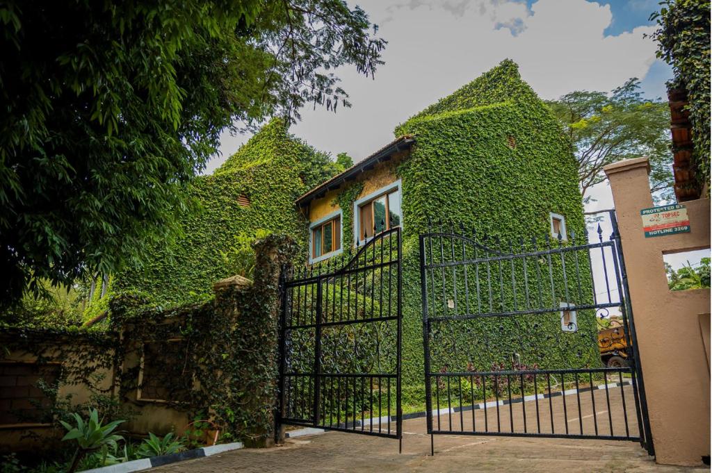 an ivy covered house with a black gate at Loft in Kiyovu, Kigali in Kigali