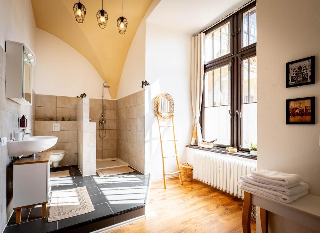 een badkamer met een wastafel, een toilet en een douche bij Schloss Arenfels in Bad Hönningen
