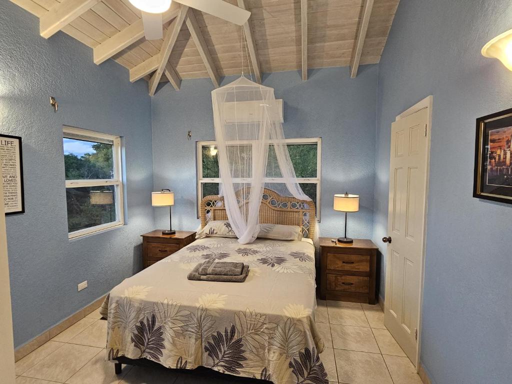 ein Schlafzimmer mit einem Bett, zwei Lampen und zwei Fenstern in der Unterkunft Caribbean Sea View Cottage in Saint Mary