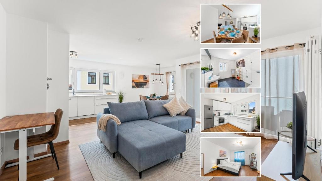 a collage of photos of a living room and kitchen at Nexstay Design Wohnung mit Loggia und Parkplatz in Neumarkt in der Oberpfalz