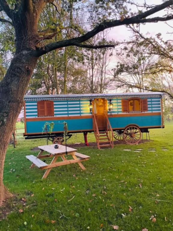 un wagon bleu et orange garé à côté d'une table de pique-nique dans l'établissement Roulotte de charme, à Villers-sur-Authie