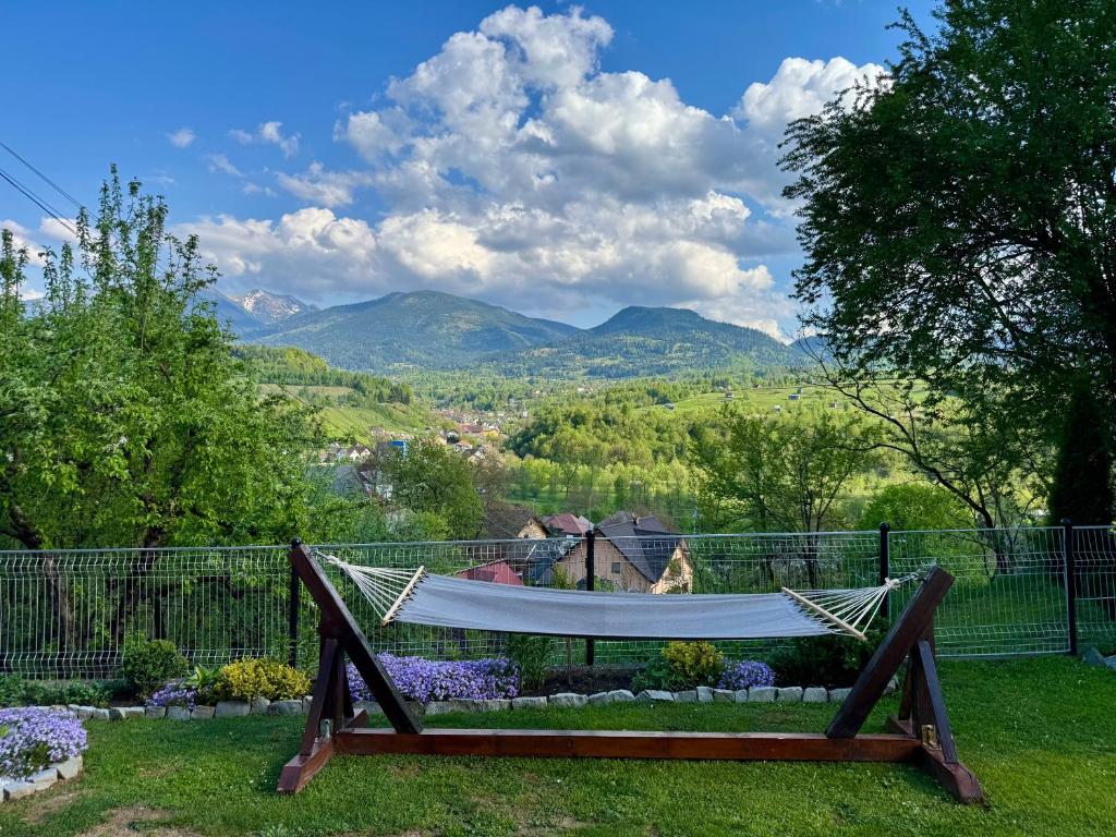 Una hamaca en un patio con montañas al fondo. en Casa Ioana Moisei, en Moisei