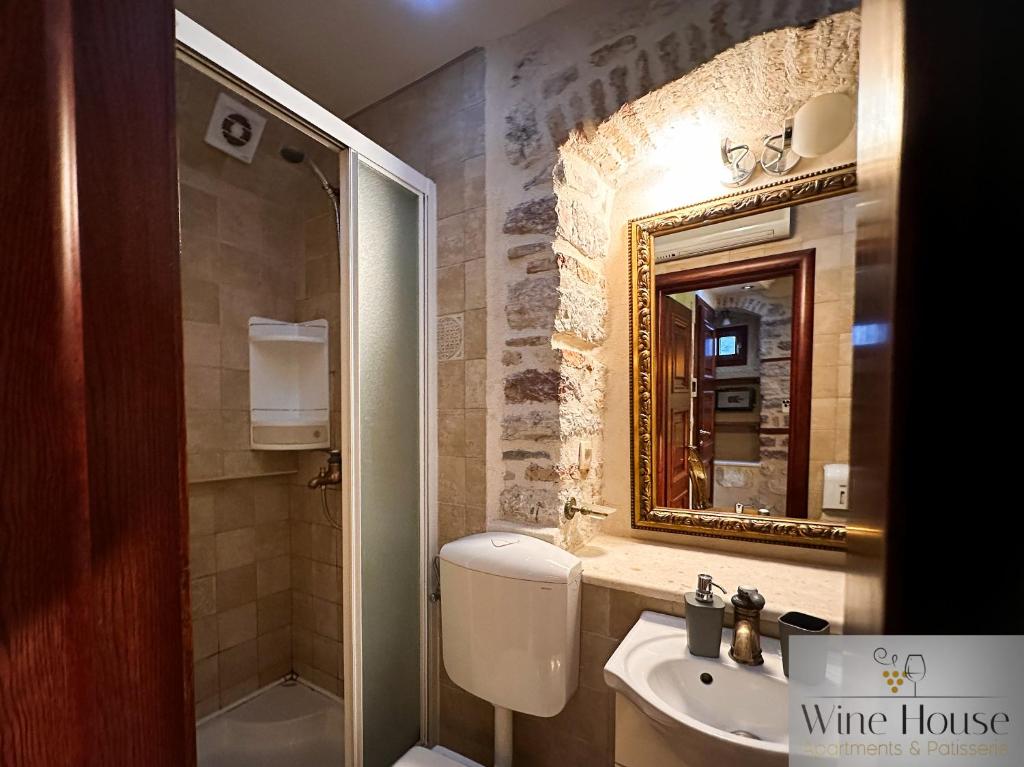 a bathroom with a toilet and a sink and a mirror at Apartments Wine House Old Town in Kotor