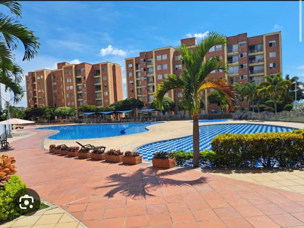 a swimming pool with a palm tree and some buildings at Apartamento amoblado nuevo in Pereira