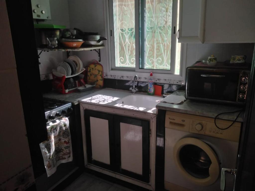 a kitchen with a sink and a washing machine at petite maisonnette avec garage et jardin in Ez Zahra