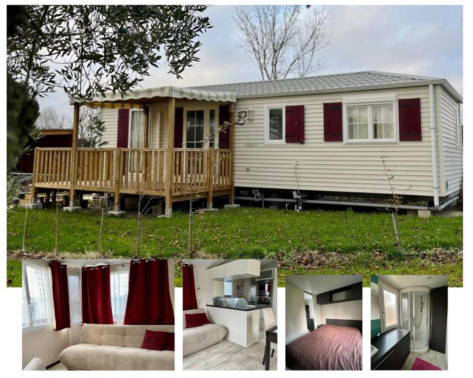 a collage of three pictures of a house at Mobil home climatisé Louisiana 4 pers in Sémussac