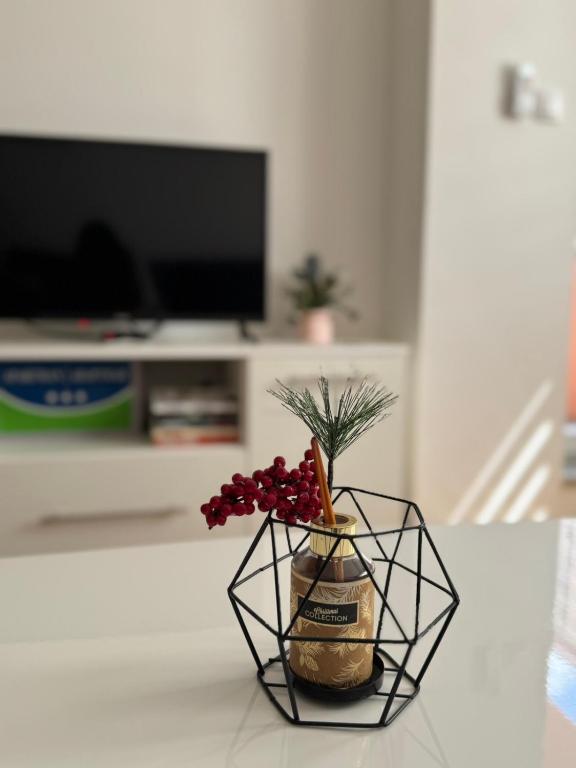 a black geometric vase with flowers on a table at Apartment ANDI Istocno Sarajevo in Lukavica