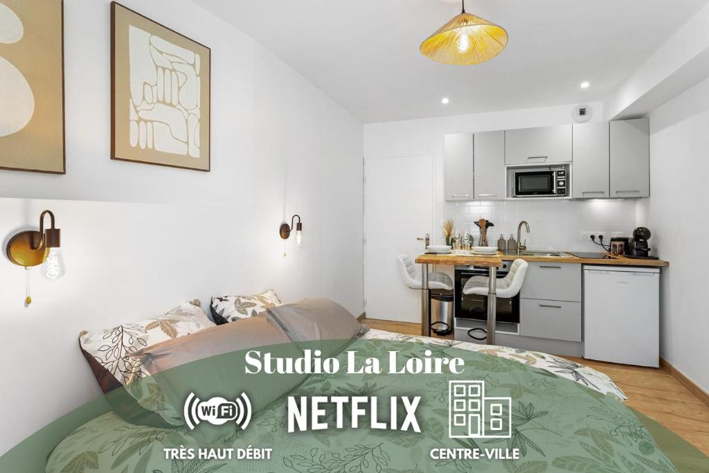 a living room with a couch and a kitchen at Centre-ville - Fibre - Netflix - Studio la Loire in Savenay