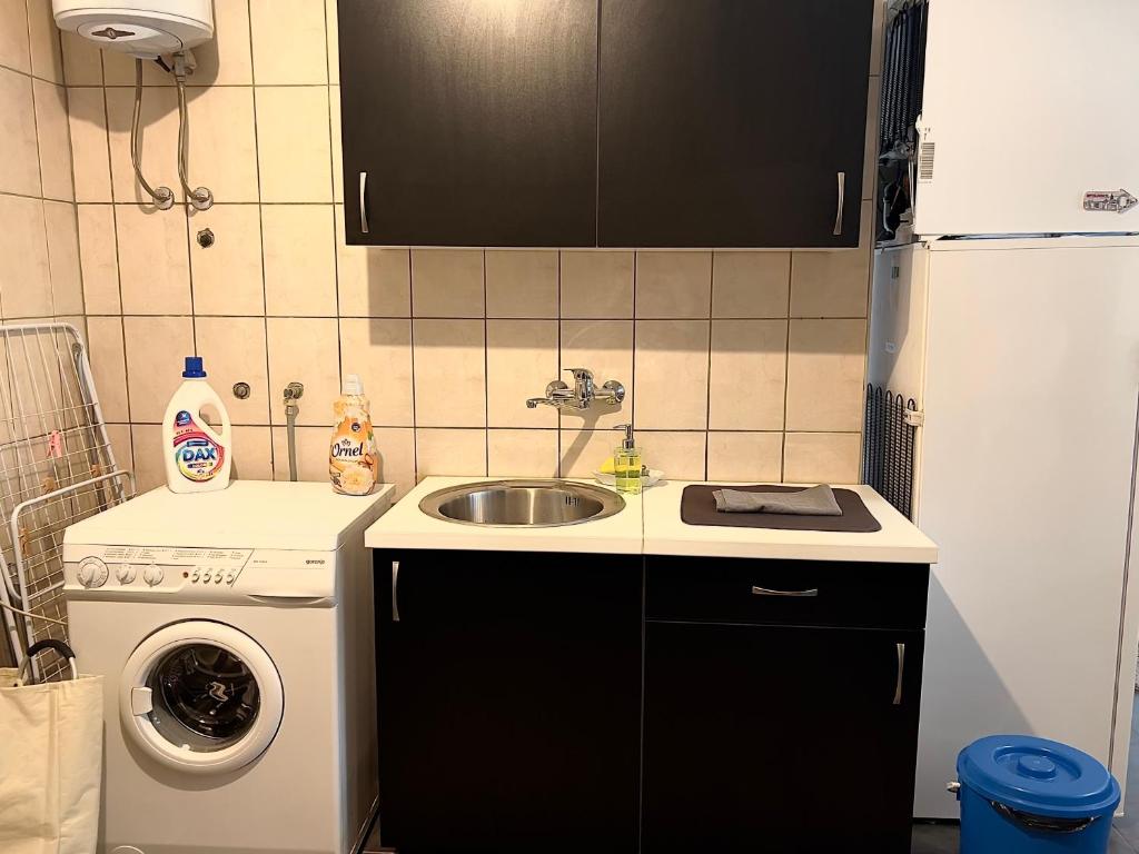 a small kitchen with a sink and a washing machine at La Bocca Apartment - Airport, Parking, AC, Bidet, Coffee Machine, PS3 in Sarajevo
