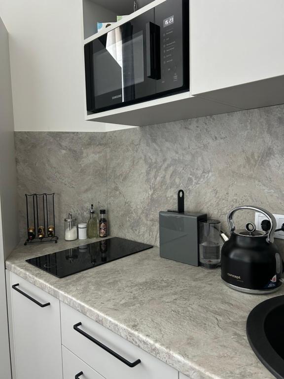 a kitchen with a counter top with a microwave at Bonnie & Clyde's hideout in Rīga