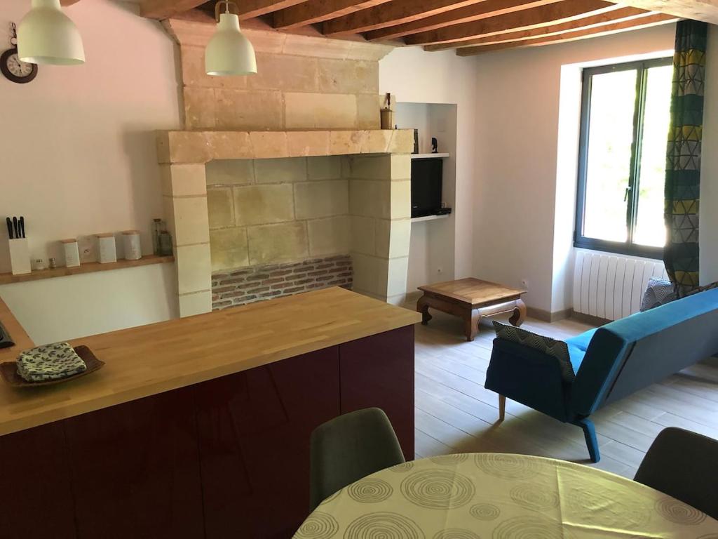 un salon avec une cuisine et une cheminée dans l'établissement Petite maison dans fosse troglodytes, à Chemellier