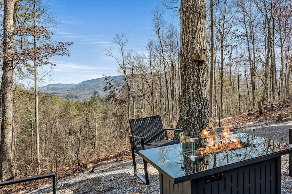 a glass table sitting next to a tree at Grassy Paradise by Avada Properties in Sevierville