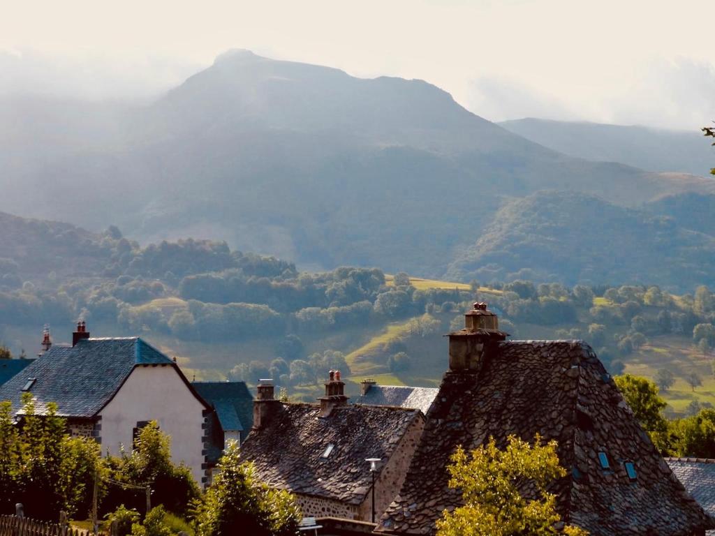een groep huizen met bergen op de achtergrond bij Maison cosy avec sauna en montagne in Saint-Jacques-des-Blats